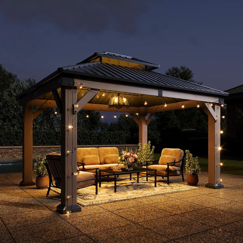 Pavillon de jardin permanent en bois 10 pi x 12 pi avec toit double en acier galvanisé pour terrasse, jardin, terrasse, bois de cèdre, gris