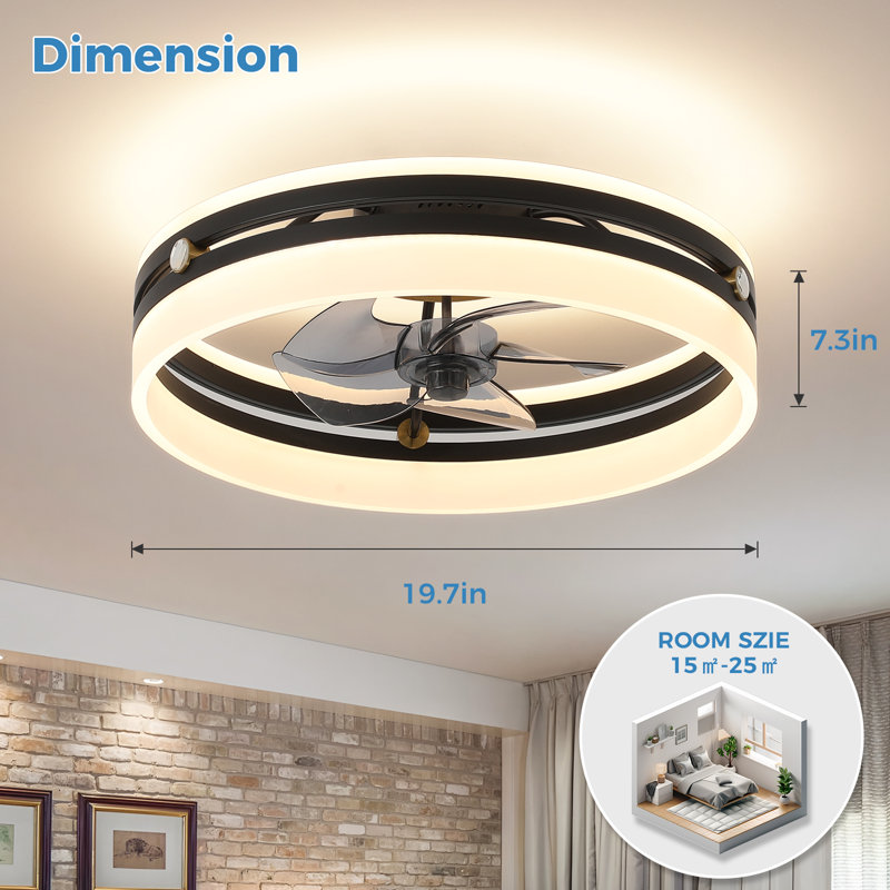 19.7" Low Profile Matte Black Dimmable LED Ceiling Fan Light with Remote Control for Dinning Room and Bedroom, Black