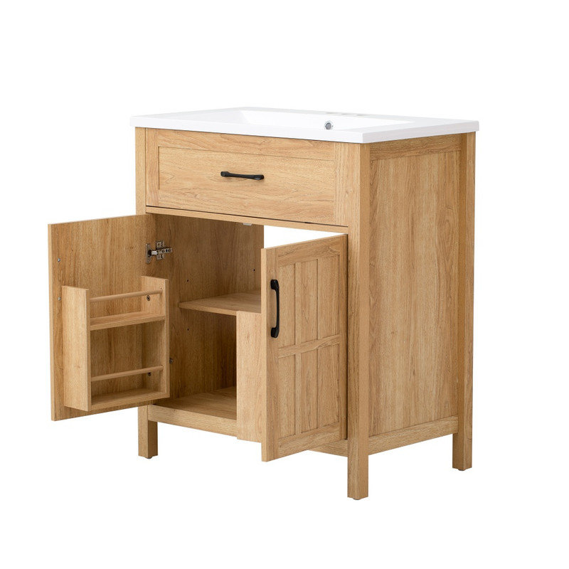 30 Inch Bathroom Vanity with Resin Sink Solid Wood Frame Adjustable Shelf and Natural Wood Grain