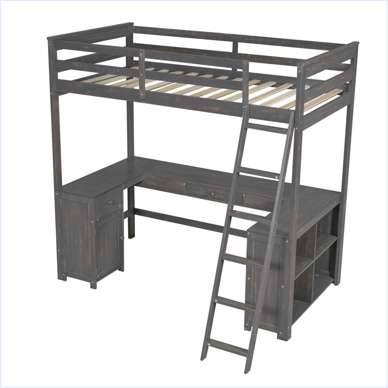 Lit mezzanine avec bureau en U, tiroirs et tablettes de rangement, Brun antique, Simple