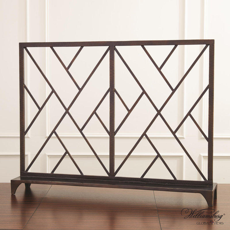 Chinoise Fret Fireplace Screen, Bronze