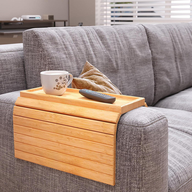 Spill-Proof Bamboo Sofa Arm Tray – Anti-Slip Foldable Couch Table For Any Armrest, Natural Wood Tray For Stress-Free Snacking (Natural)