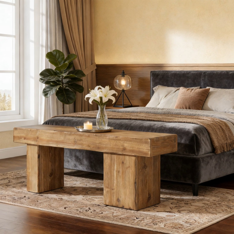 Solid Wood Bench, 47" Farmhouse Entryway Bench with Artistic Legs