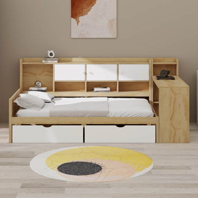 Lit de jour en L avec armoires, tablettes, bureau et 2 tiroirs