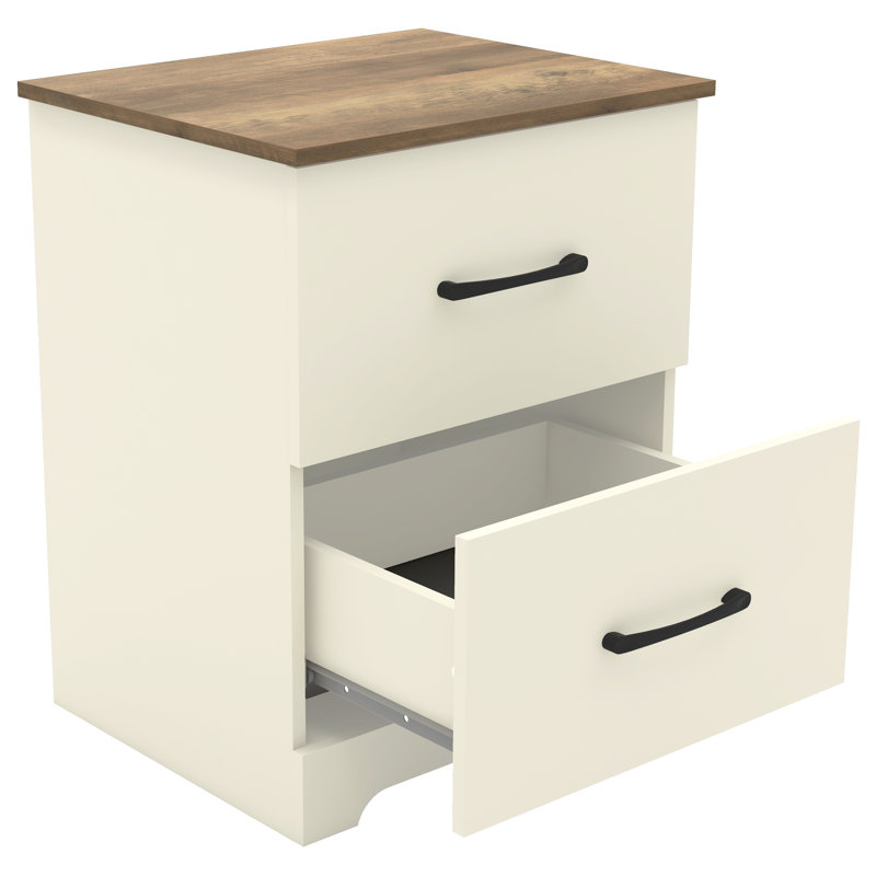 Table de chevet en bois manufacturé à 2 tiroirs H 23,7 po Arkia, Ivoire / chêne noueux, Individuel