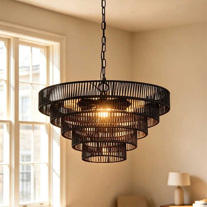 Luminaire suspendu noir en chanvre noir, 8 Lights
