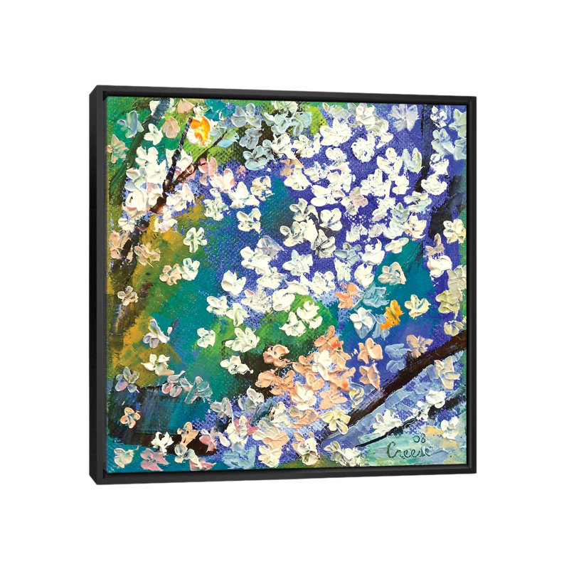« sakura », peinture à l’huile sur toile, H 18 po x l 18 po x P 1,5 po, Toile avec cadre noir, Pas de tapis