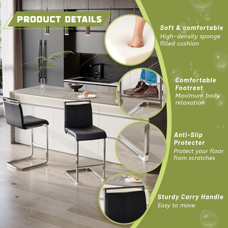 Mikale Upholstered Counter Stool with Metal Frame, Black, 4