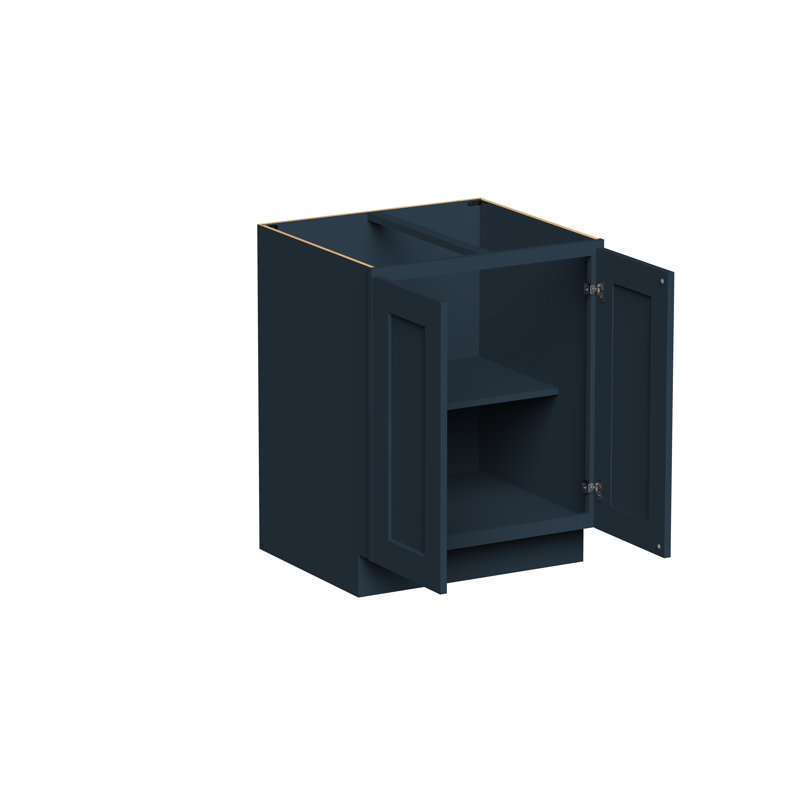 Navy blue shaker-style base kitchen cabinet with two open doors and one interior shelf.