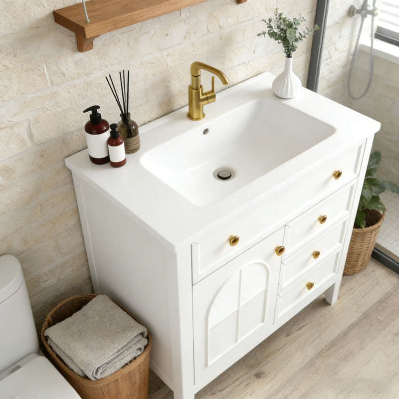Armoire de salle de bain 35,6 po, Blanc + lavabo + 1 porte