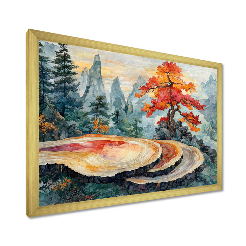 «Gines Tranquility In An Asian Forest Landscape II», art mural forêt, H 30 po x l 40 po, Cadre simple, Or