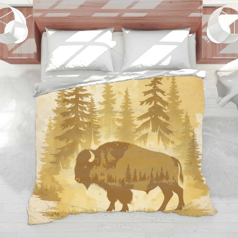 Édredon Bison In Forest Scene, Lit simple, Brun foncé / beige