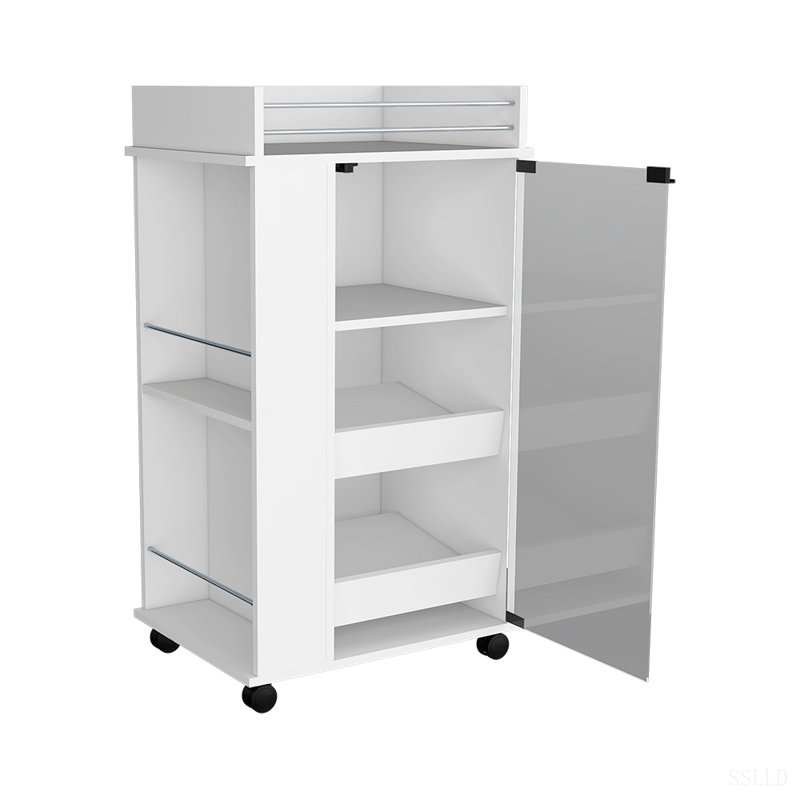 Chariot-bar avec tablettes à deux côtés Beaver, porte vitrée et surface supérieure, Blanc