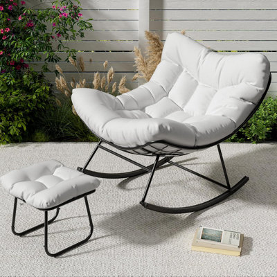 Oversized Lounge Chair with Ottoman, Outdoor Rocking Chair with Sturdy Metal Frame and Rattan Design for Balcony, Backyard, Porch and Bedroom