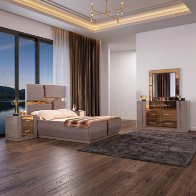 Frum Signature Bedroom Set in River sand with Gold Accents
