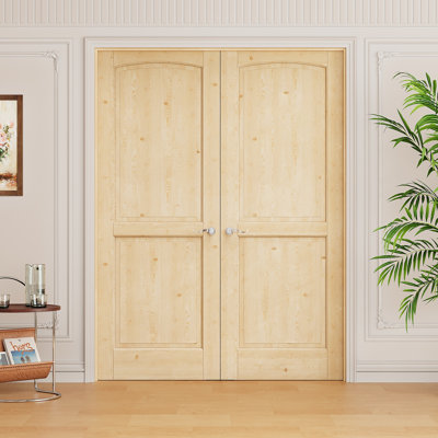 Interior 2-Panel Pine Wood Door, Colonial Natural Solid Pine Double French Doors, Pine Wood Frame & Satin Nickel Hardware-Privacy Door Lever with Lock, Latch & Hinges, Unfinished & Paintable, Pantry, Room, Bedroom, Bathroom & Closet, 56"x 80"