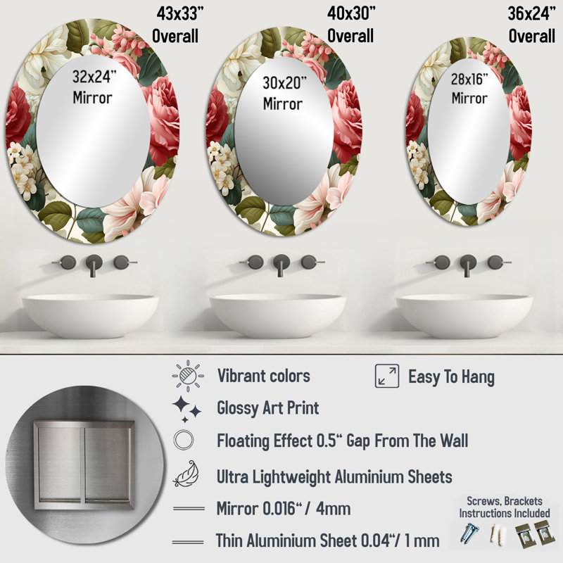 Sylvere - Miroir décoratif floral ovale sur métal, H 36 po x l 24 po