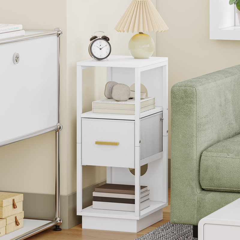 Slim Bedside Tables Set of 2, Side End Table with 1 Fabric Drawer, Metal Frame Bedside Cabinet with Open Compartment, Narrow Nightstand for Bedroom, Livingroom
