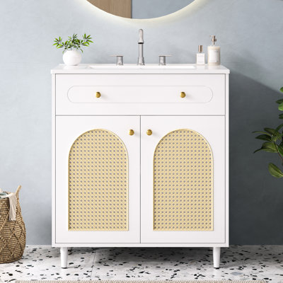 Modern Bathroom Sink Cabinet With 30" Ceramic Basin, Front, And Soft-close Drawer For Smart Storage Vanity 30-inch Accents,