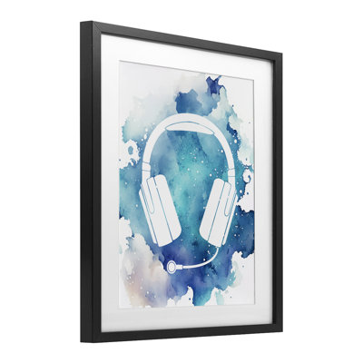 Blue Headphone Splatter Framed Print Under Glass, design by Marcus Prime