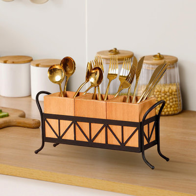Porte-ustensiles en bois d'acacia, porte-couverts en bois imperméable avec 3 compartiments et poignées amovibles, porte-couteaux cuillère fourchette pour barbecue