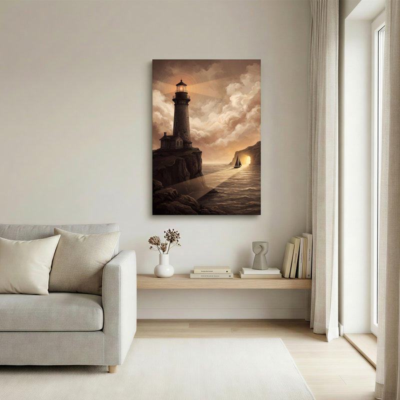 Art sur toile, "Phare sur une falaise avec voilier dans un ciel doré", 36"H x 24"W