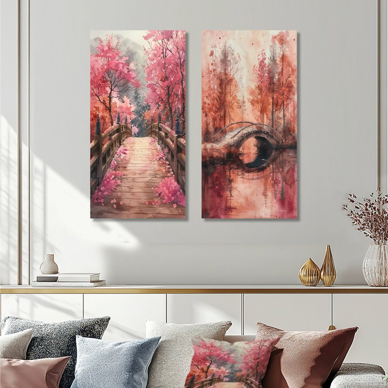 Ensemble de 2 pièces d'art mural pont rose et brun, H 40 po x l 40 po, Toile tendue