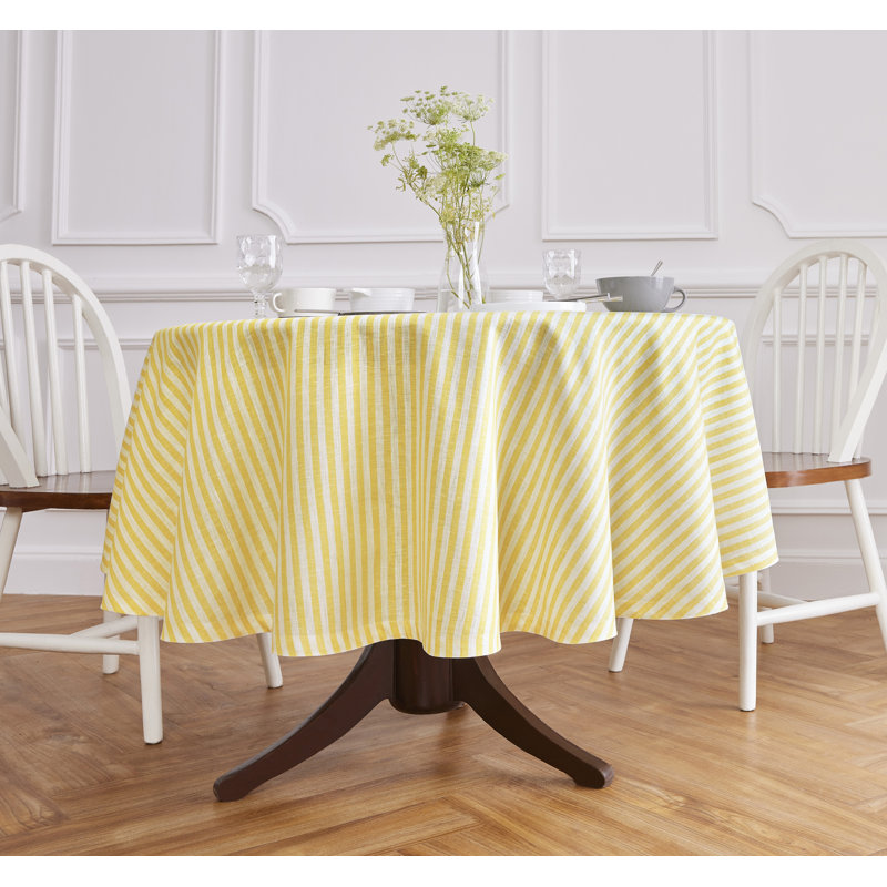 Amalfi Stripe - 100% Pure Linen Round Tablecloth, 60" Round, Primrose Yellow/White