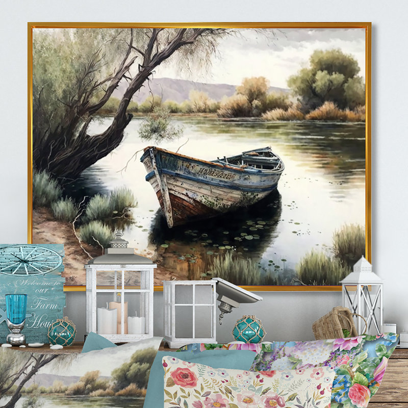 Bateau de pêche dans la rivière - Bateau, art mural, Cadre flottant doré, H 24 po x l 32 po x P 1 po