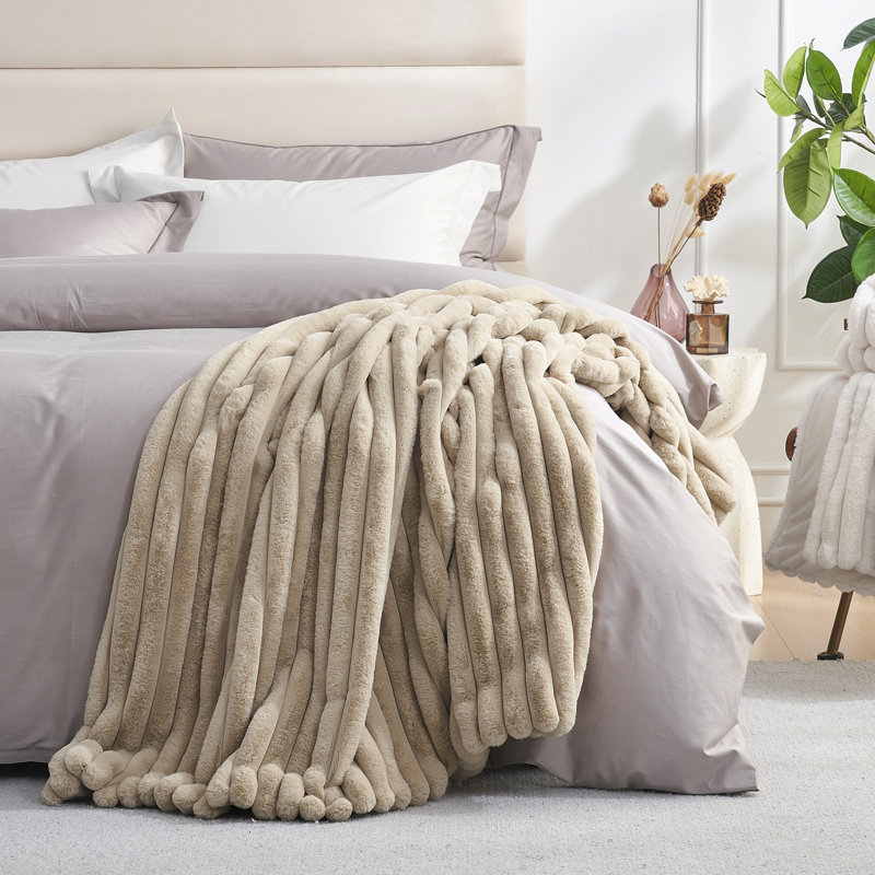 Striped Faux Fur Throw Blanket, Cozy Fuzzy Soft Style for Sofa & Bed, 70" L x 55" W, Beige