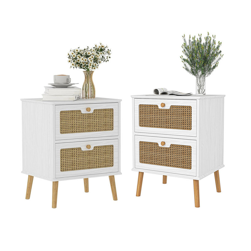 Tables de chevet avec tiroir en rotin Ellender Nightstands, Blanc / Naturel