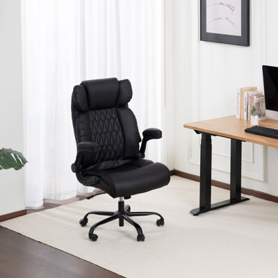 Ergonomic Office Chair,Executive Computer Chair With  Flip-Up Armrests Black Leather