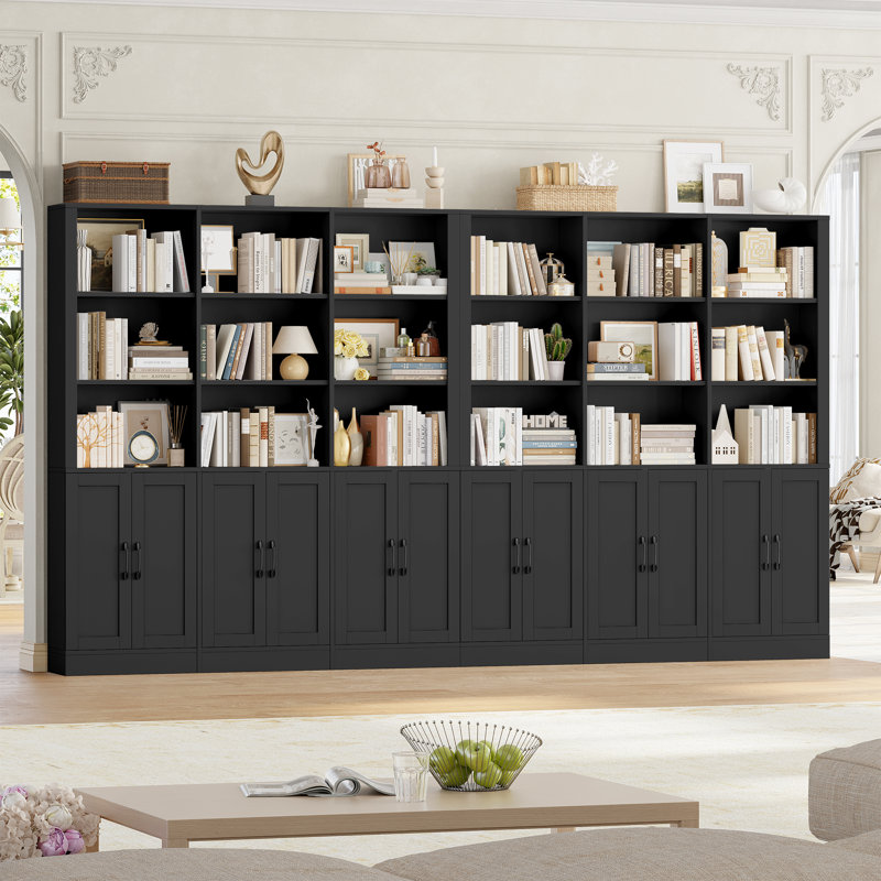 70.1"H x 63"W Wide Triple 5-Tier Storage Bookcase With with 3-Tier Open Shelves and 3 Double-door Cabinets  | Tall Storage Cabinet for Home & Office Organization