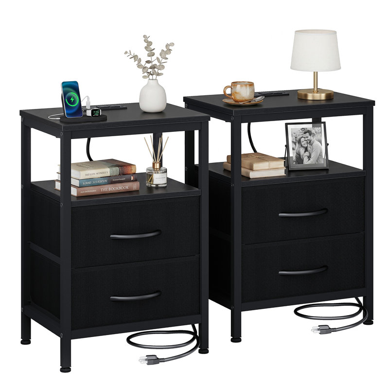 Nightstand with Charging Station and 2 Fabric Drawers, Bedside Table with USB Ports and Outlets, End Table with Open Shelf, 2