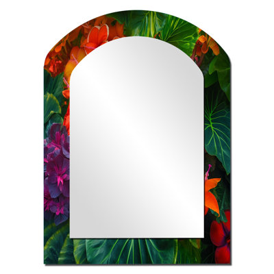 Vibrantly Happy Blossoming Tropical Flowers I - Yellow Traditional Arch Wall Mirror