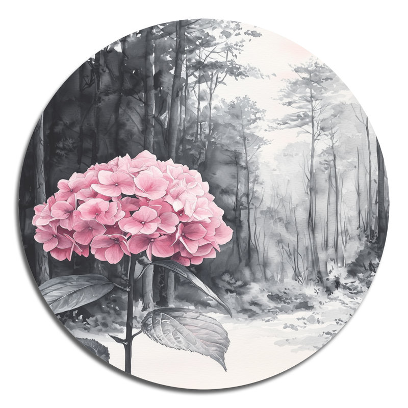 Hortensias dans la forêt monochrome II - hydrangées, art mural rond en métal, H 16 po x l 16 po