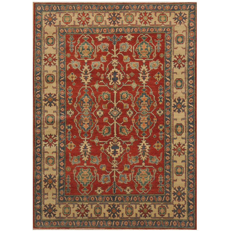 Tapis de zone en laine rouge/beige 6 pi 1 po x 8 pi 8 po "one-of-kind" à la main noué la kazak Branz