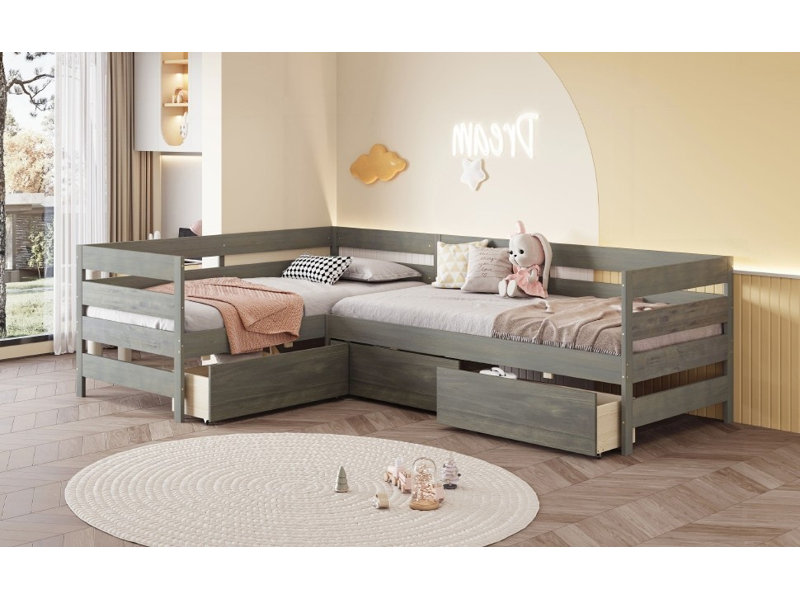 Lit plateforme simple en forme de L sans sommier, robuste et durable, gris