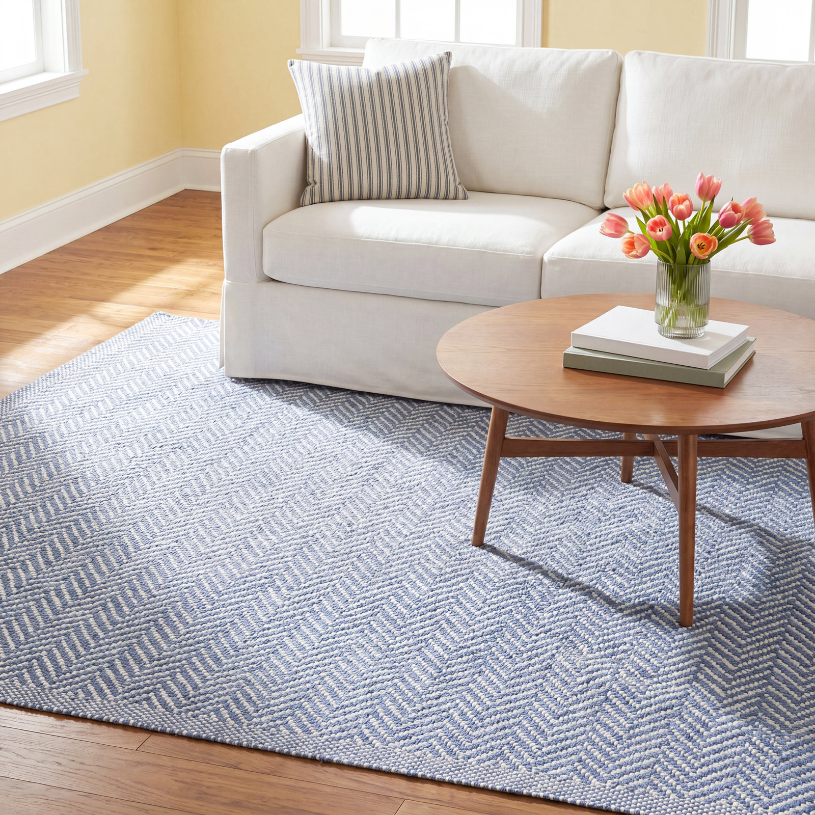 Herringbone Denim Ivory Flatweave Outdoor Rug, Rectangle 9'6" x 13'6"
