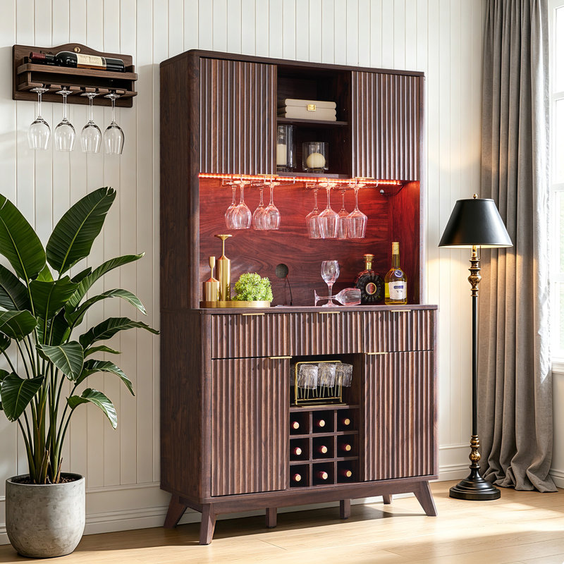 72"H Bar Cabinet with LED Lights, Wine Rack, and Cabinets, Brown
