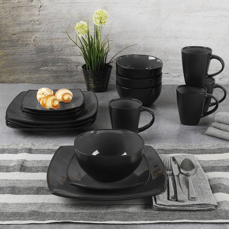 HomeStyle Entertaining Soho Lounge 16 Piece Square Stoneware Dinnerware Set in Grey