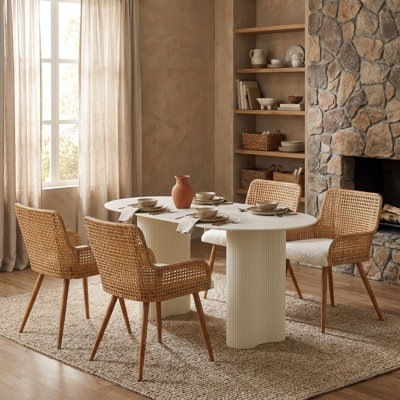 Rattan Dining Chairs,farmhouse Upholstered Boucle Kitchen Chair With Armrest,pe Rattan Dining Room Chairs, Mesh Back Cane Chairs With Metal Legs,brown
