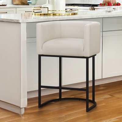 27" H Counter Height Bar Stools, Modern Barrel Counter Stools With Backrest And Arms, Black Metal Frames, Linen Fabric Upholstered Accent Barstools For Kitchen Island