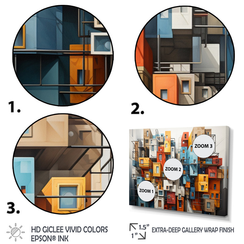 «Cityscape Bluiding Geometric Collage I», reproduction sur toile, H 16 po x l 32 po x P 1 po, Cadre flottant noir