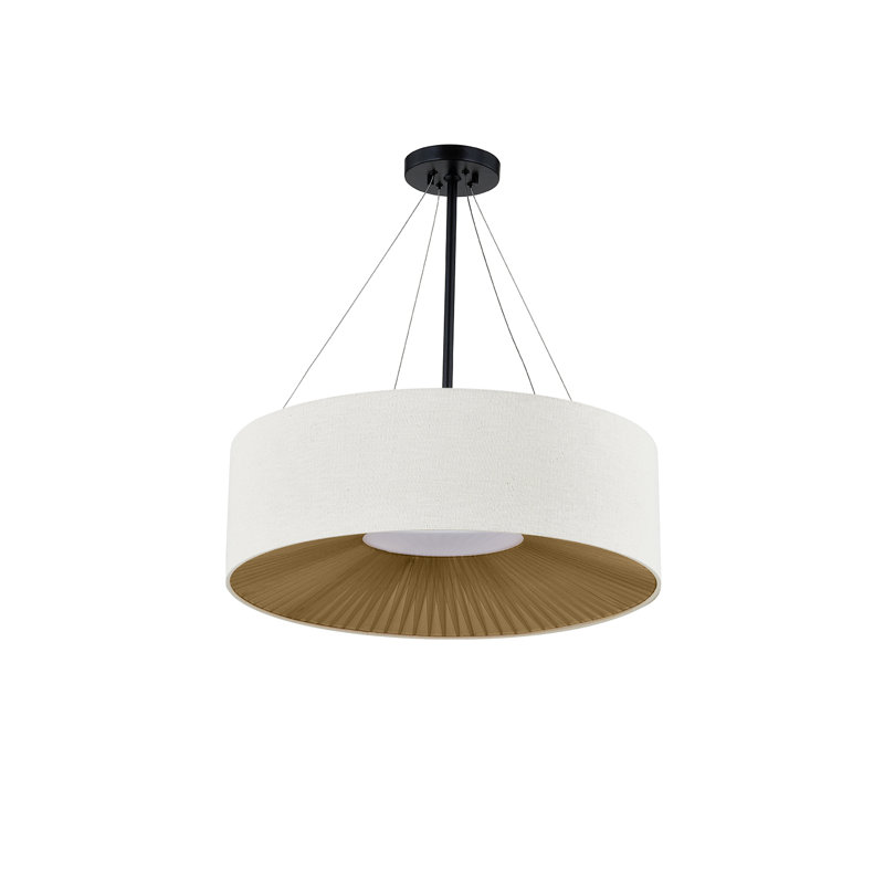 Drum pendant light with a cream fabric exterior, pleated gold interior shade, and matte black metal hardware.