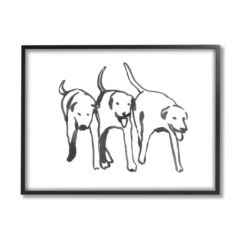 Trio de chiens avec contour noir et blanc, H 36 po x l 48 po, Toile tendue