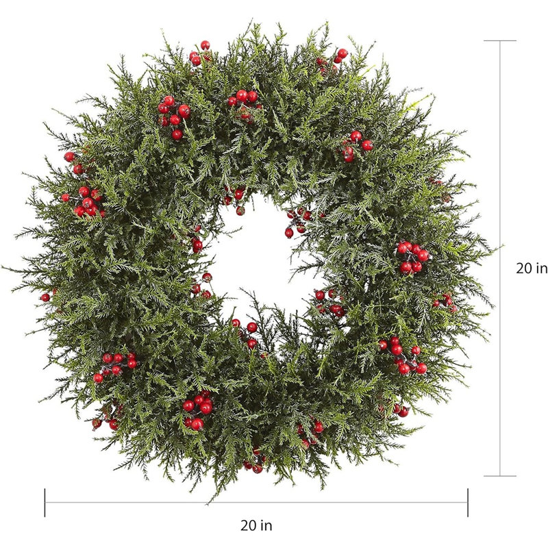 Couronne de cèdre en baies - vert et rouge - porte d'entrée artificielle 20 po, mur et décor des Fêtes