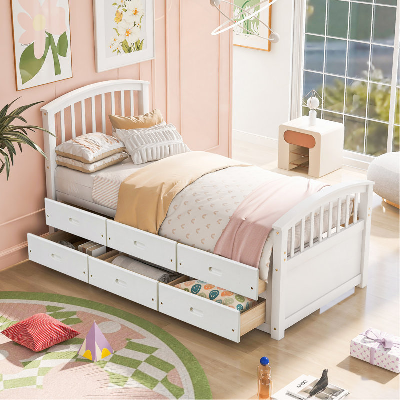 Lit plateforme simple en bois massif avec rangement à 6 tiroirs, blanc, Blanc