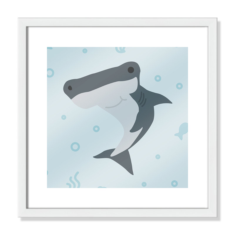 Impression sur papier Happy Hammerhead, H 16 po x l 16 po x P 1,18 po, Encadré de boîte à grain de bois blanc