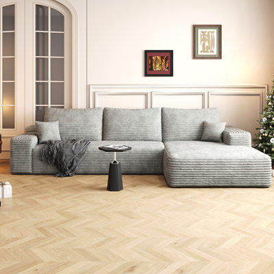Canapé modulaire 107 po avec méridienne en L 107 po, canapé modulaire moderne avec assise profonde, canapé rembourré pour la chambre à coucher du salon, aucun assemblage requis, gris (tissu en velours côtelé moelleux)